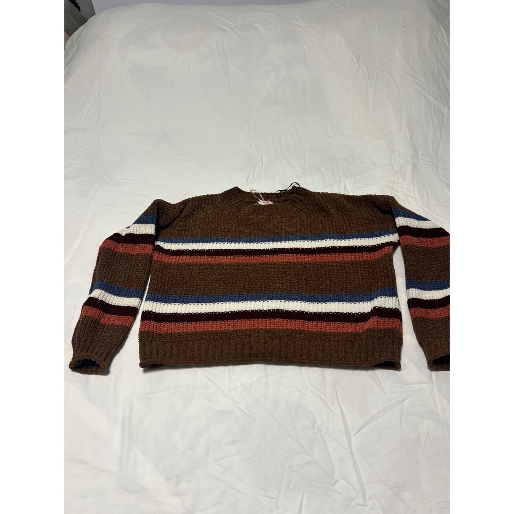 Pink Republic Womens Chenille Striped Sweater Brown Blue White Size M PF2S24216